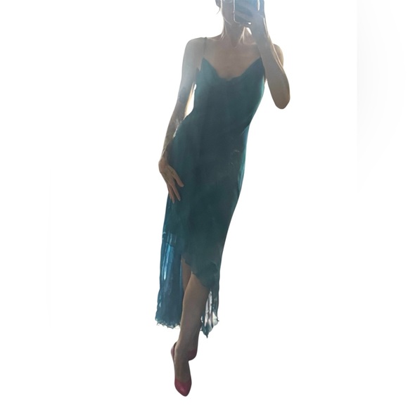Cache Vintage Y2K Silk Turquoise Bias Cut Gown Sz 2 Dress Slip Fairy Mermaid - Picture 3 of 16